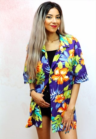 1990S VINTAGE PURPLE WITH ORANGE HAWAIIAN OVERSIZED SHIRT