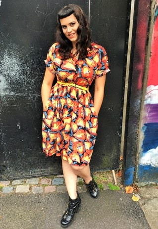 VINTAGE HEART PRINT MIDI DRESS WITH POCKETS