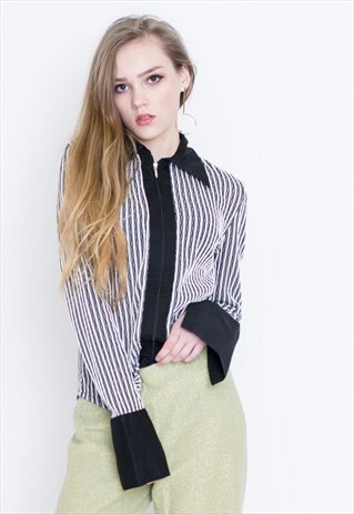 VINTAGE WHITE BLACK STRIPED LONG SLEEVE RETRO SHIRT