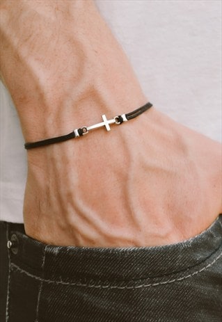 CROSS BRACELET FOR MEN, SILVER TONE CROSS CHARM, BLACK CORD