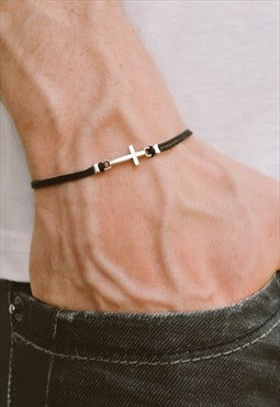 Cross bracelet for men silver charm black cord christian
