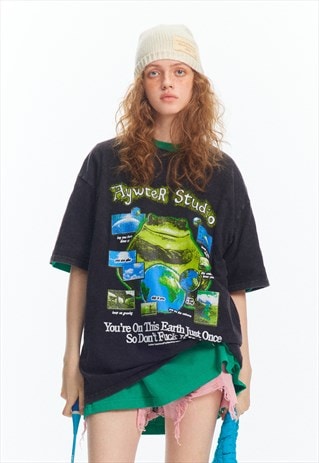 FROG PRINT T-SHIRT GREEN PEACE TOP GRUNGE EARTH TEE IN BLACK