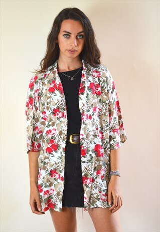 90S VINTAGE ABSTRACT RED & BROWN FLOWER PRINT FESTIVAL SHIRT