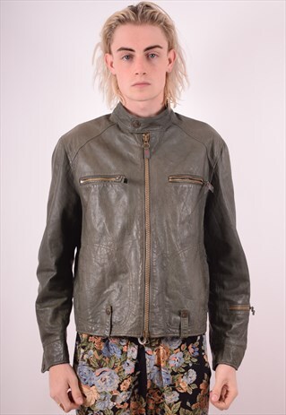 MENS VINTAGE LEATHER JACKET MEDIUM KHAKI 90S