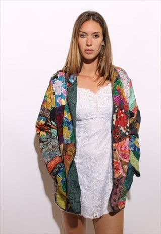 VINTAGE 1990'S 90'S REVERSIBLE SILK PATCHWORK QUILT COAT M-L