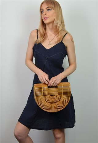 VINTAGE 90S NAVY LINEN STRAP SUMMER DRESS