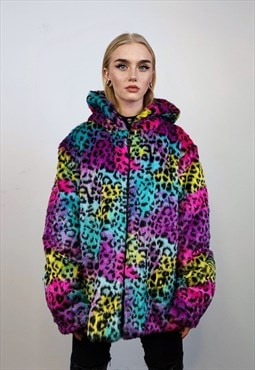 Tie-dye hooded faux fur jacket leopard coat rainbow bomber