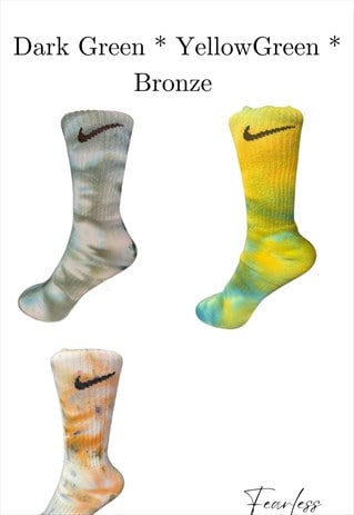 Hand Dyed Nike Crew Socks - 3 Pairs - Green Bronze Yellow