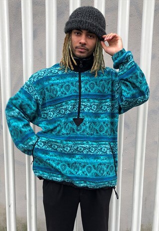 VINTAGE TURQUOISE BAROQUE TAPESTRY FLEECE ZIP SWEATSHIRT