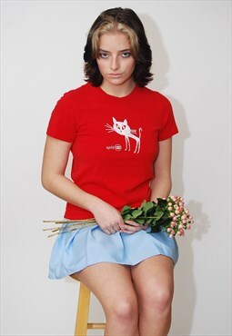 Vintage Split T-shirt (M) red y2k skate skater cat baby tee
