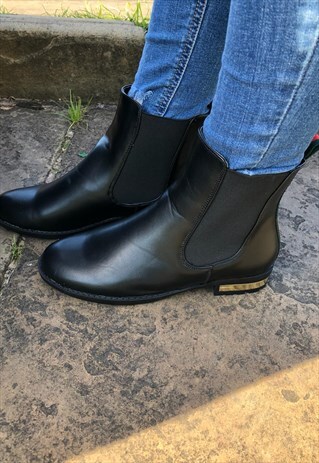FIVE STAR BOUTIQUE BLACK CHELSEA BOOTS WITH GOLD TRIM