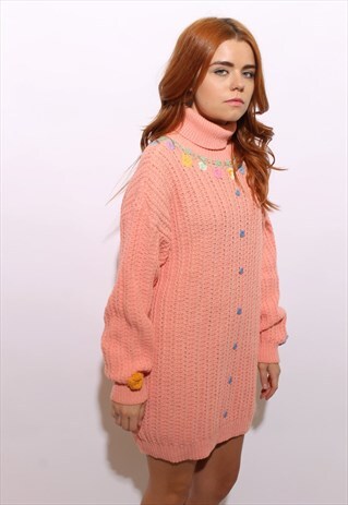 VINTAGE 1990'S 90'S OVERSIZE PINK CROCHET FLOWERS SWEATER OS