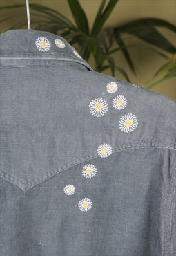 Vintage Shirt Rework Grey Corduroy Embroidery Flowers