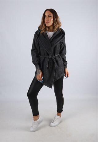 VINTAGE DENIM WRAP JACKET LONG HOODED UK 8 - 10 (CJ2S)