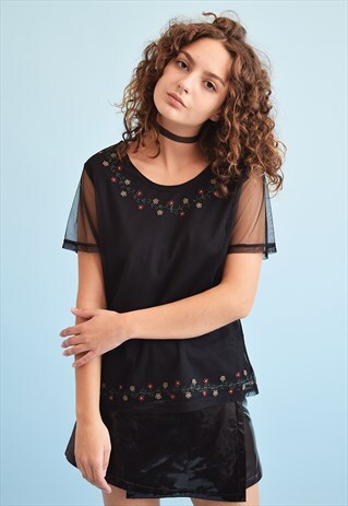 90'S RETRO KITSCH FLORAL EMBROIDERY MESH MOMS TOP