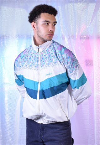 VINTAGE ELLESSE WHITE, PURPLE AND TEAL RETRO TRACK JACKET