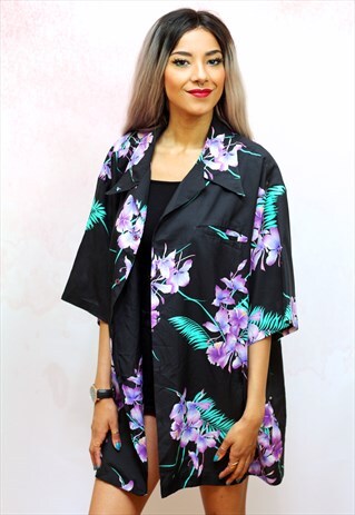 1990S VINTAGE BLACK WITH PURPLE HAWAIIAN OVERSIZED SHIRT