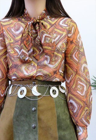 VINTAGE 70S BROWN & ORANGE ABSTRACT PUSSY BOW BLOUSE