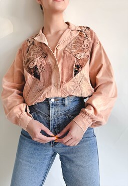 Vintage 80s Western Embroidery Crochet Double Collar Shirt L