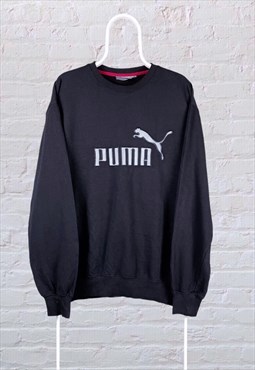 Vintage Puma Sweatshirt Black Spell Out Embroidered XL