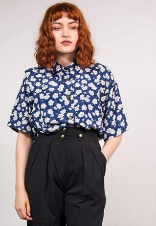90'S VINTAGE BLUE FLOWER PRINT SHORT SLEEVE SHIRT BLOUSE