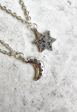 Doodle Engraved Celestial Moon and Star 2 Necklace Set