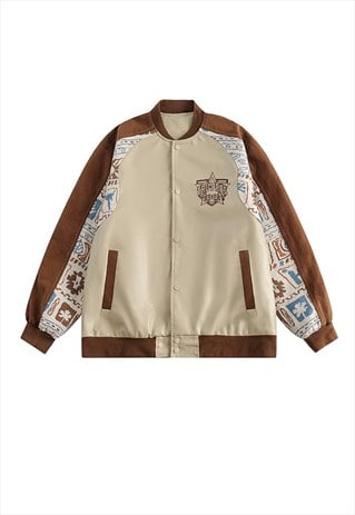 Ethnic varsity jacket faux leather Aztec bomber in cream 