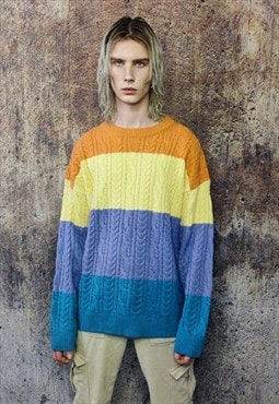 Color block sweater cable knitwear retro jumper in yellow