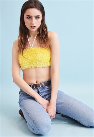 90'S STYLE CUSTOMIZED FURRY FLUFFY KNIT HALTER CROP TOP
