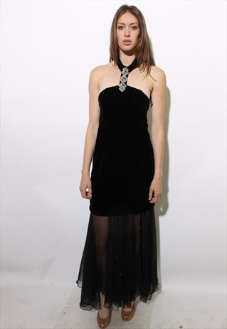 VINTAGE 1980'S 80'S GLAM VELVET CHIFFON CHOKER BALL GOWN M-L