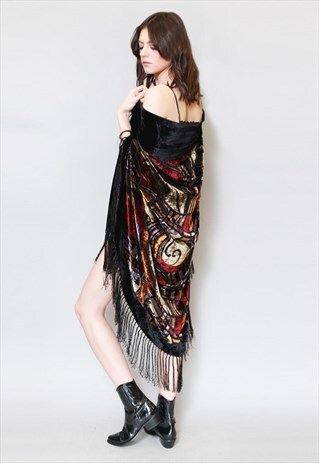 VINTAGE STYLE JEWEL TONED SILK VELVET FRINGED FESTIVAL CAPE