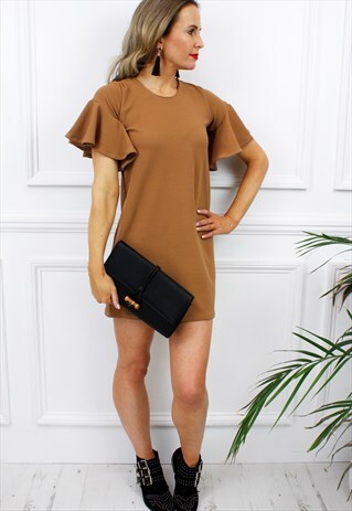 CAMEL RUFFLE FRILL BELL SLEEVE SHIFT BOHO PEASANT MINI DRESS