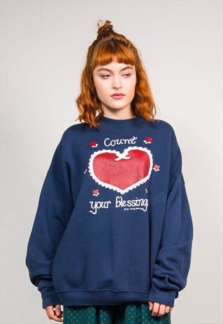 90'S VTG NAVY BLUE LOVE HEART BLESSINGS SWEATSHIRT JUMPER