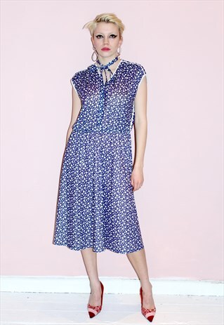 VINTAGE 70'S RETRO BLUE & WHITE POLKADOT MIDI TEA DRESS