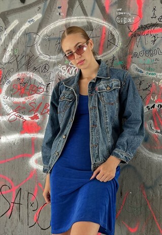 VINTAGE 80S BOXY FIT EMBROIDERED BACK DENIM WOMEN JACKET S