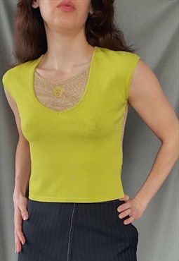 90s/00s Vintage VERSACE JEANS Couture lime green cropped top