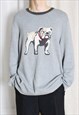 Y2K Grey Graphic Dog Bulldog Print Cotton Knit Sweater
