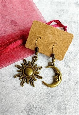 Celestial Sun and Moon Earrings Bronze