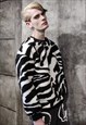 ZEBRA FLEECE SWEATER FLUFFY STRIPE JUMPER Y2K TOP IN BLACK