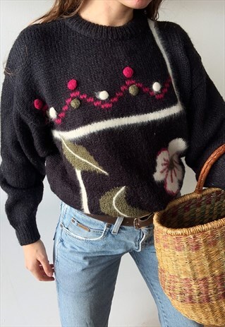 VINTAGE 70S FLORAL POM POM DETAILED COUNTRYSIDE JUMPER