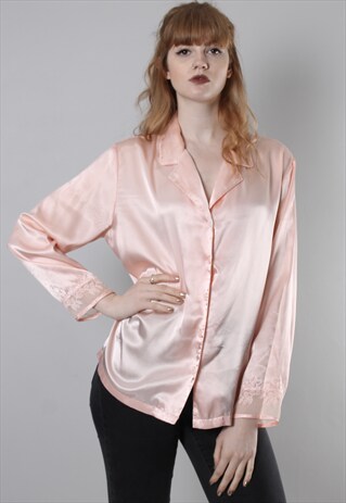 VINTAGE 80S PINK SATIN EMBROIDERED BLOUSE TOP