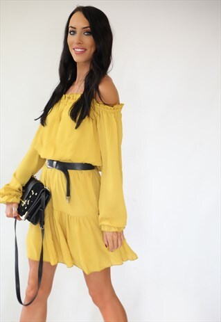 LOLA OFF THE SHOULDER DRESS MUSTARD
