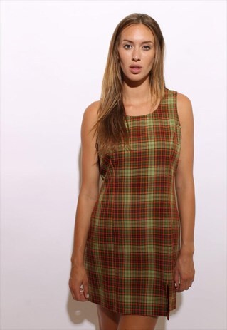 VINTAGE 90S LIME GREEN ORANGE PLAID MINI DRESS L XL