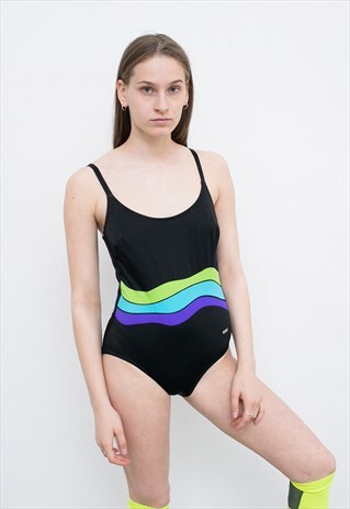 VINTAGE SWIMSUIT BLACK ONE PIECE SWIMSUIT GREEN BLUE STRIPE