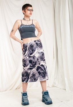Vintage Skirt Y2K Middle Rise Rose Print Midi in Grey