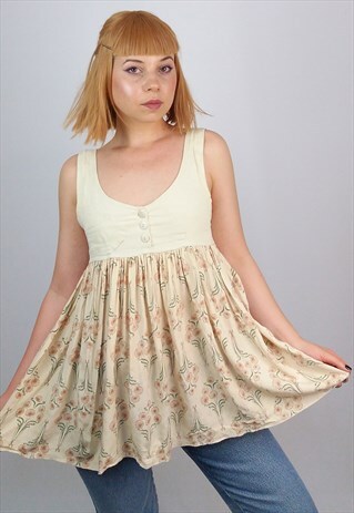 VINTAGE 80'S FLOWERS PRINT LINEN BABYDOLL COTTON TOP