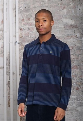 VINTAGE LACOSTE LONG SLEEVED STRIPED POLO SHIRT BLUE
