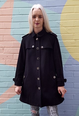 BLACK WOOL BURBERRY SHORT COAT WITH CHECK LINING