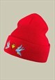DIAMOND  SWALLOW TATTOO EMBROIDERED BEANIE HAT IN RED