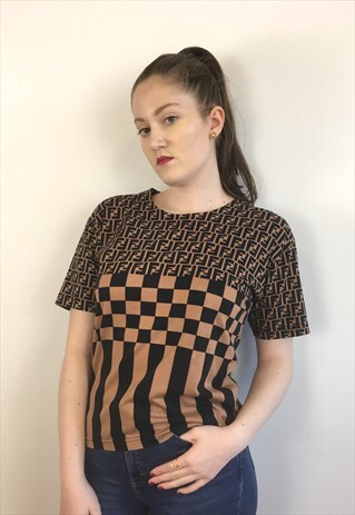 WOMENS VINTAGE FENDI TSHIRT BROWN BLACK ZUCCA PRINT TOP